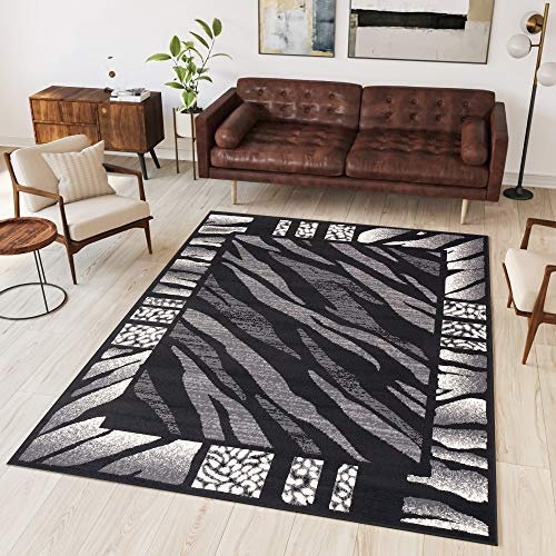 TAPISO Dream Teppich Wohnzimmer Modern Kurzflor Grau Creme Schwarz Afrika Zebra Bordüre Meliert Gästezimmer Schlafzimmer ÖKOTEX 80 x 150 cm