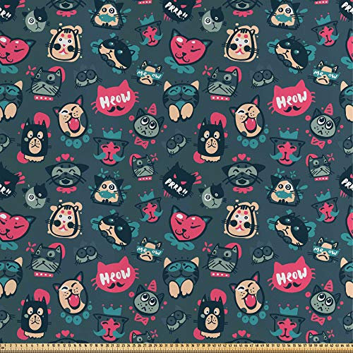 ABAKUHAUS Katze Satin Stoff als Meterware, Lustige Kitty-Charaktere, Qualitäts Stoff Heimtextilien Wohnaccessoires, 5M (148x500cm), Mehrfarbig