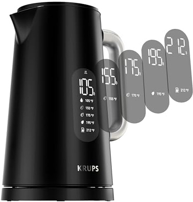 KRUPS Smart Temp Electric Kettle: 1.7L Capacity, 5 Precise Temperature Settings, Digital Display, Cool-Touch Exterior, Cordless Design for Tea and Coffee Lovers