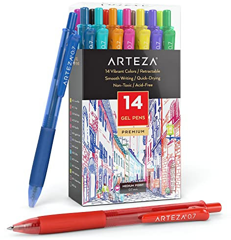ARTEZA Farbige Gelstifte, 14 einzigartige lebendige Farben, 0,7 mm feine Spitze, einziehbar, für Journaling, Zeichnen, Kritzeln und Notizen
