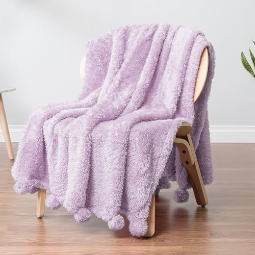 PAVILIA Manta Sherpa de Color Morado Lavanda y Lila con Flecos Suaves con Pompones, Mantas cálidas y acogedoras para sofá, Cama, Manta de Forro Polar Mullido con Pompones, Ligera y esponjosa, Morado