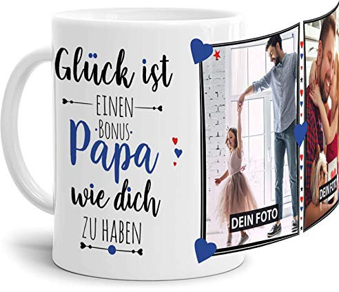 Tassendruck Fototasse mit Spruch für den Bonus Papa - Glück ist, jemanden wie Dich zu haben - zum Selbst gestalten mit 2 Fotos, Weiß, 300 ml