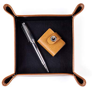 DELMON VARONE - Personalisierbarer Taschenleerer Premium Cambridge Top Grain Leder Braun - Schlüsselschale als Ablage für Kleingeld, Handy & Schlüssel - Echtleder Taschenleererschale Rechteckig