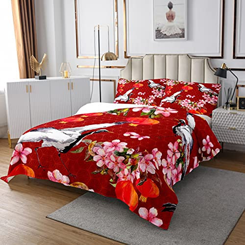 Krandruck Steppdecke Tagesdecke japanischen Stil 220x240cm für Kinder Frauen Kirschblüten Bettüberwurf Geometrische Blumen Muster Rotes Dekor Raumdekor Wohndecke 3St