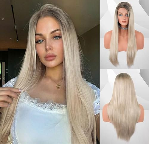 VEBONNY Silberblonde Lace Front Perücken mit Seitenscheitel, Ombre Braun Perücke, Gerade Haar Perücken, Lange Haar Perücke mit Babyhaaren, Synthetische Perücke 22 Zoll VEBONNY-087