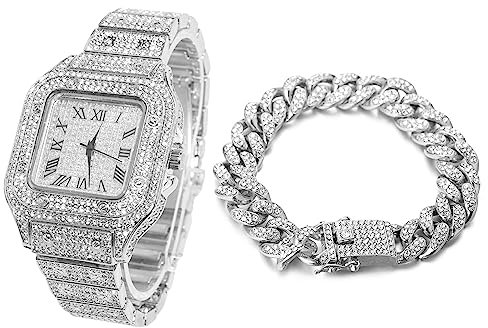 Halukakah Diamant Golduhr, Herren Platin Weiß Vergoldet 40MM Breite Quadrat Wählen Quarz Armband 24cm mit Kubanischer Link Kette 20cm Armband Set, mit Geschenkbox