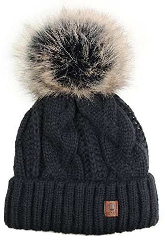 Ever Bloom Strickmütze Damen Zopfmuster, Beanie Mütze mit Kunstfell Bommel Abnehmbar, made in EU, Warme Wintermütze mit Fleece Innenfutter Hochwertig