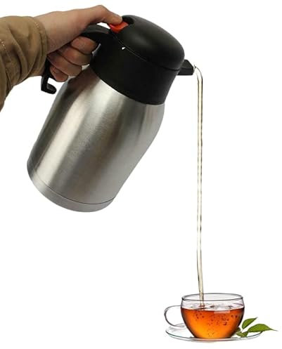 Stainless Steel Double Wall Insulated Thermal Vacuum Teapot Thermos Flask Safety Push Button with Handle Dispenser Air Pot Travel Hot Cold Coffee Tea Camping Hiking Jug for Home Restaurant (1.5 L)