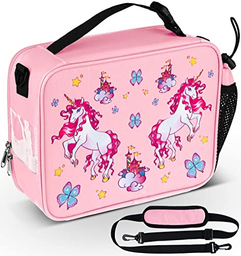 HeavenlyUnicorns Insulated Pink Unicorn Kids Lunch Bag for Girls Child with Bottle Holder, Carry Handle & Shoulder Strap, Kids Lunch Box Snack Box Thermal Cooler Bag for School Picnic Outdoor or Work