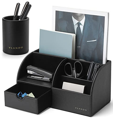 Vlando Schreibtisch Organizer Set, Organizer schreibtisch Edel, Stiftehalter Organizer Leder mit Schublade, Büro Organizer für Tablet PC, Fernbedienungshalter Geschenk zum Vatertag Männertag