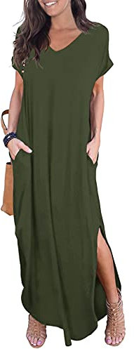 GRECERELLE Women Maxi Long Dress Summer Casual Beach Boho Short Sleeve V Neck Maxi Dresses with Pocket (Army Green, XL)