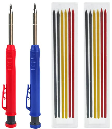 DOULEIN Tischler Bleistift Set,2 Stücke Tieflochmarker zimmermannsbleistifte mit 12 Bleistiftsminen Druckbleistift mit Eingebautem Spitzer zum Zeichnen Machen AnreißEn Holzbearbeitung