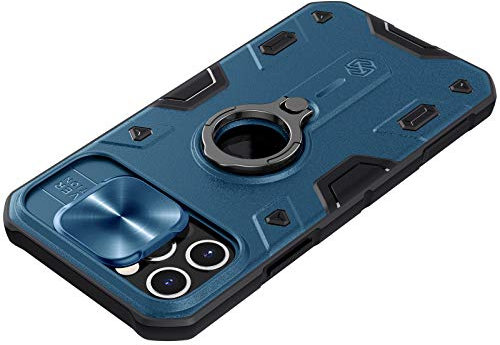 Coque pour iPhone 12/12 Pro/12 Pro Max, TPU + PC Étui de Protection de qualité Militaire avec Cache Caméra Coulissante & Béquille, Étui avec Support de Bague Annulaire à 360 Degrés,Blue,iPhone 12 Pro