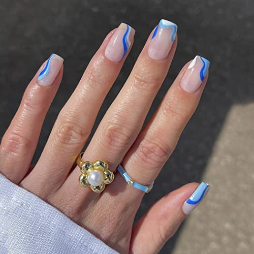Sethexy Faux Ongles Français Carré Court Ongles a coller Bleu Swirl Capsules Ongles Brillant 24 pièces Acrylique Ongles pour les femmes et les filles