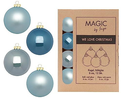 Inge-glas Weihnachtskugeln Glas 8cm x 12 Stück in Kartonbox Christbaumkugeln Set blau hellblau Elysian Blue