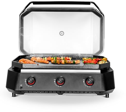 Cozze® Plancha de gas G-800 – placa de hierro fundido reversible lisa/estriada 80×50 cm, 7,5 kW, encendido electrónico, termómetro integrado, tapa, negro/inox