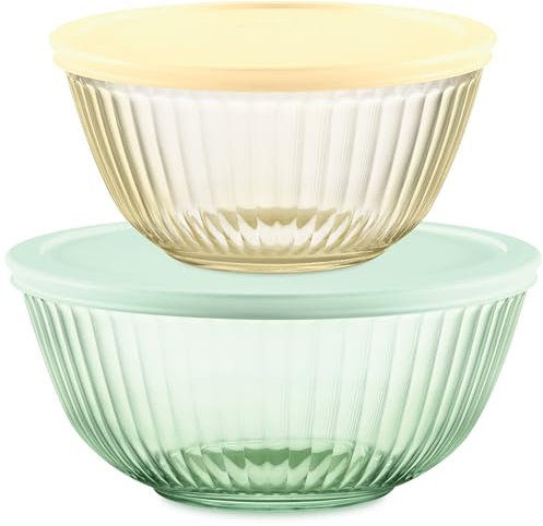 Pyrex Colors (2-Pack) Sculpted Tinted Small/Medium Glass Mixing Bowls with Lids, Nesting Space Saving Set of Bowls for Prepping and Baking, 1.3QT & 2.3QT