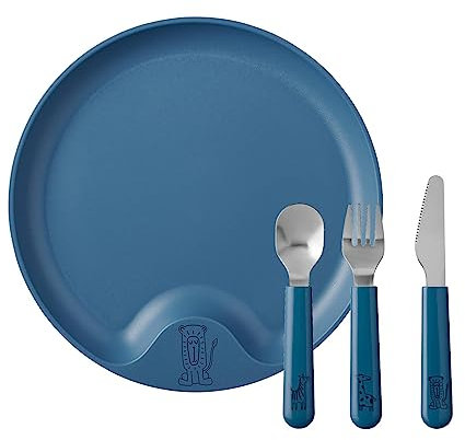 Mepal Mio - Kinderteller mit Besteckset - Deep blue - robuster Plastikteller, Edelstahl-Besteck mit Griff - praktische Einbuchtung im Rand, Gabel Messer Löffel - spülmaschinengeeignet