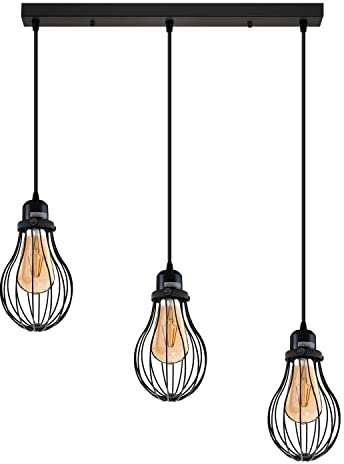 Vintage Retro 3 Way Ceiling Pendant Light Cluster Light Fitting Black Diamond Shaped Wire Cage Lampshades, UK E27 Holder Lighting Kit (Black, Vase 2)