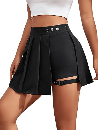 GORGLITTER Damen Hosenrock Kurze Hose Culottes Hosen Casual Minirock Asymmetrisch Röcke mit Schnalle Schwarz S