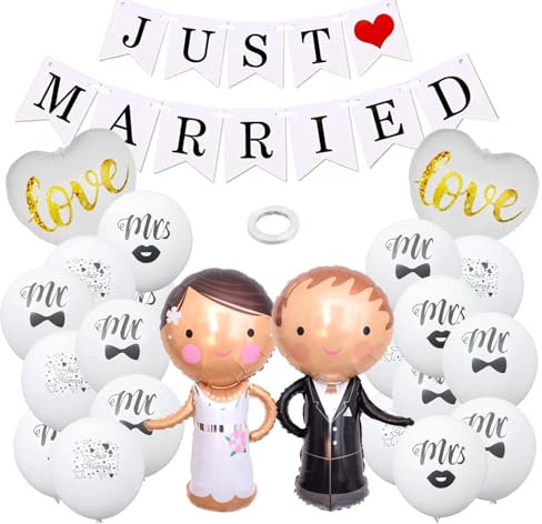 Neodtx Just Married Luftballons 23 Stk Hochzeitsdeko Set,Hochzeitsgirlande Mr Mrs Ballon Love Brautpaar Figuren Folienballon Deko Hochzeit,Folienballon Standesamt Deko Weiß Luftballon Hochzeit