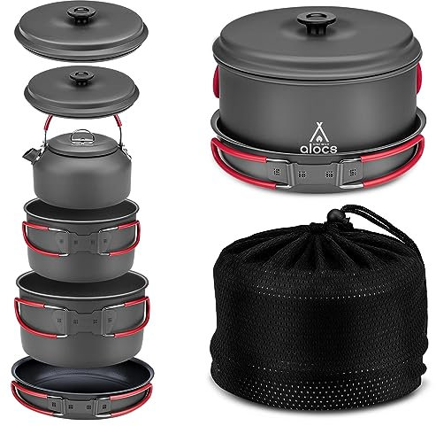 Alocs Camping Cookware Set Gear, Compact Camping Pots and Pans Set, Durable Hard Alumina Cooking Set for Outdoor Backpacking Hiking Picnic, Included Mesh Carry Bag.