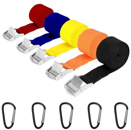 1.5m Sangle d'Arrimage, 5pcs Sangle a Cliquet Multicolore avec 5 Mousqueton, 25mm Petite Sangles de Serrage avec Boucle pour Fixation, Sangles à Griffe pour Demenagement, Moto, Porte Vélo, Voiture