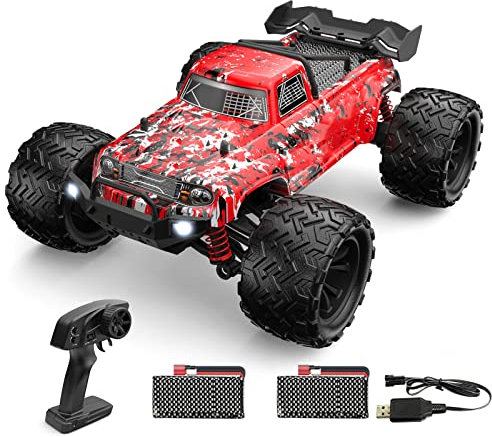 Goolsky Ferngesteuertes Auto 9500E RC Truck 40 km/h 1/16 2,4G 4WD Full Scale Dual Motor All Terrain RC Truggy RTR RC Crawler Geschenk für Kinder Erwachsene Rot 7.4V Batterien mit großer Kapazität *2
