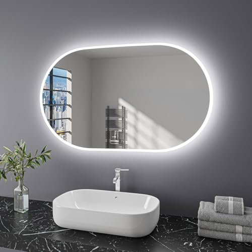 Finmrys Ovaler Badspiegel mit Beleuchtung 60x100 cm LED Spiegel Bad mit Touch-Schalter Beschlagfrei Badezimmerspiegel Dimmbar Beleuchtet Kaltweiß Warmweiß Horizontal Vertikal (39.37x23.62 Inch)