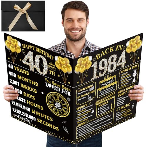 Kuxriox Große Geburtstagskarte zum 40. Geburtstag mit Umschlag, schwarz-goldfarben, riesiges Gästebuch, Geschenke für Männer und Frauen, riesige Geburtstagskarte zum 40. Geburtstag, Partyzubehör, das