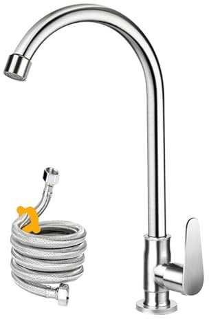 Robinet d'eau froide, roulement à billes en acier inoxydable - Robinet de cuisine à un seul trou - Robinet d'eau froide pour cuisine, extérieur, jardin et bar avec tuyau et tube fileté plus long,