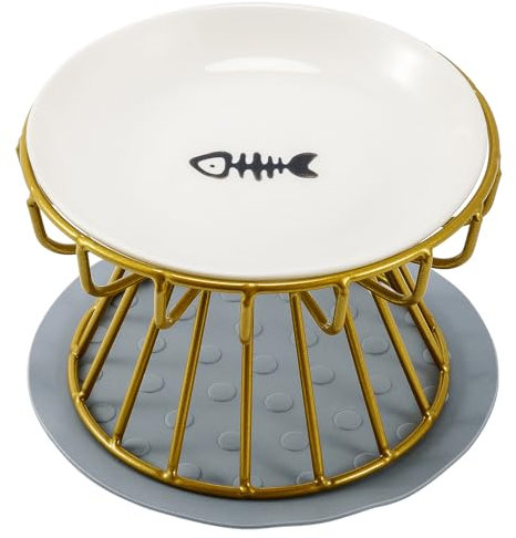 Ceramic cat bowl with iron Stand, pet bowl with anti slip pad, cat food container dish (Gold Stand + Fishbone Dish)