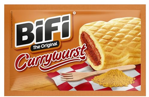 BiFi Currywurst – 8er Pack (8 x 60g) – Salami Wurstsnack mit Currysauce in einem lockeren Teig - Wurst im Weizenbrötchen To Go - für Unterwegs, im Büro oder beim Sport - Schinkenwurst