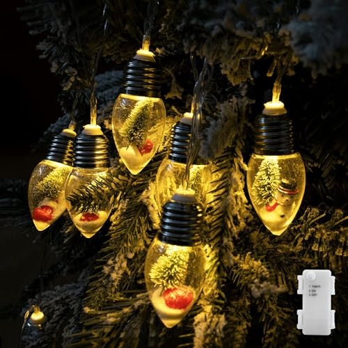 YOLIGHT Christmas Bulb String Lights Battery Operated & Timer, 6.5ft 10 LED Christmas Tree Lights with Cute Ornaments, Snow Globe Lights for Home Room Mantel Xmas Decoration Indoor (Warm White)