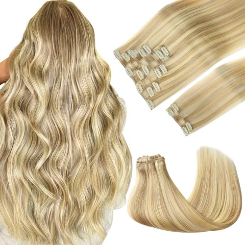 GOO GOO Clip in Extensions Echthaar, Echthaar Extensions Clip, 40cm 150g 9pcs, Extensions Echthaar, Haarverlängerung Echthaar, 18D/22F Schmutzig Blond Strähnchen