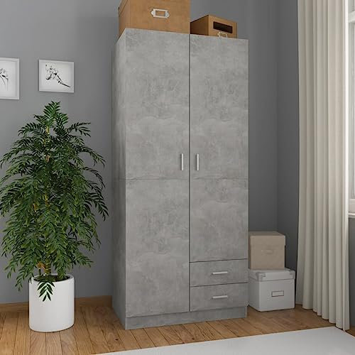 Willood Kleiderschrank Holzwerkstoff mit 2 Türen 2 Schubladen Garderobenschrank Garderobe Schrank Schlafzimmerschrank Betongrau 80x52x180 cm