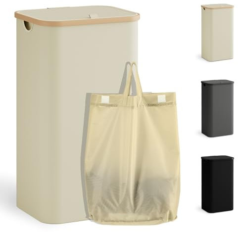 YOUDENOVA Wäschekorb mit Deckel 100L Wäschesammler schmal mit Wäschesack faltbarer Wäschesortierer mit Kunststoffgriff Wäschetruhe hoch Laundry Baskets, Beige