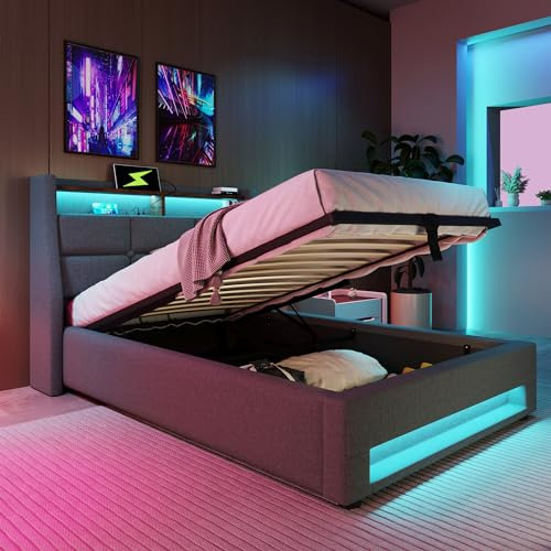 Merax Polsterbett 90x200cm, Einzelbett mit Bettkasten und Lattenrost, Stauraum Kopfteil mit LED und USB Ladefunktion, Hydraulisch Stauraumbett Funktionsbetten, Leinen, Jugendbett, ohne Matratze, Grau