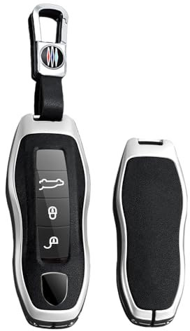 TECART Porsche Schlüsselanhänger aus Leder mit Schlüsselanhänger für Boxster Cayenne Panamera Cayman, Silberfarbener Metallrahmen, kurz, schwarz
