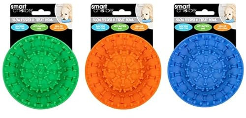 Lick & Slow Feeder Dog Bowl - Assorted Colors (Blue, Green, Orange) - Food Grade TPR Material with Bone Imprints & Suction Cups - Reduce Anxiety & Promote Healthy Eating