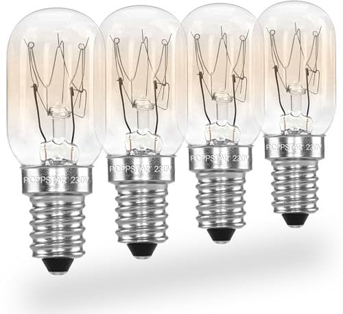POPPSTAR 4 Stück Kühlschranklampe E14 15W, Glühbirne für Kühlschrank, Nähmaschine, Gefriertruhe, Salzkristalllampe (2700K warmweiß, 150 Lumen)