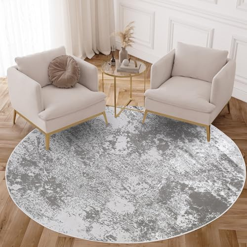 TAPISO Crystal Rund Teppich Kurzflor Glänzend Hellgrau Schwarz 240 x 240 cm | Marmoreffekt 3D Effekt Wohnzimmer Schlafzimmer Modern Design OEKO-TEX