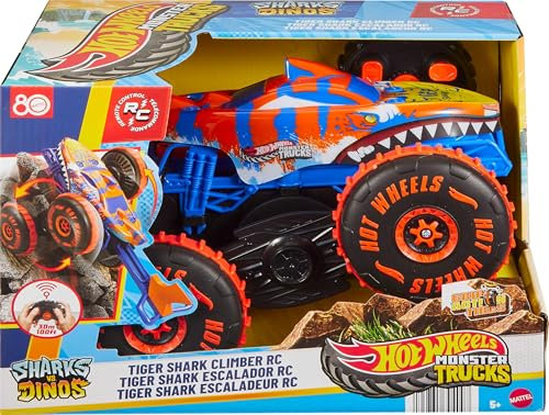 Hot Wheels Monster Trucks Remote Control Toy Vehicle, Large-Scale RC Tiger Shark Climber with 3 Modes of Play for Racing, Climbing & Stunting, JFR39