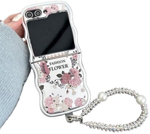 GULVQYF Funda protectora para Galaxy Z Flip 5, color plateado, a prueba de golpes, anticaídas, plegable, con cadena, regalo para mujeres y niñas (rosa)