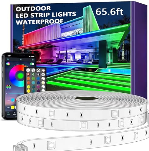 20m Bande LED extérieure intelligente IP67, synchronisation avec musique, contrôle par application, montage mural, RVB imperméable pour balcon, jardin, chambre, Noël et Halloween(No Remote Control)
