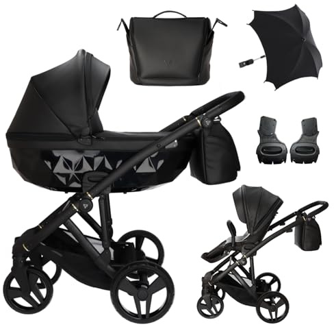 Junama Kinderwagen Diamond Classic 03 Schwarz - 2in1 3in1 4in1 + Sonnenschirm (2 in 1 mit Adaptern)