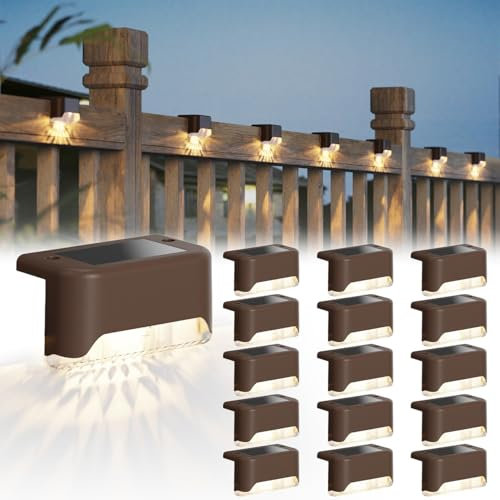 JACKYLED Paquete de 16 luces solares para vallas, luces LED solares impermeables para exteriores, iluminación decorativa de cubierta para escaleras, vallas, barandillas, patios y caminos (marrón)