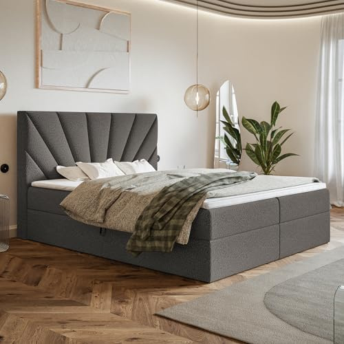 MOTIVENA Aspen Boxspringbett 180x200 mit Bettkasten und Topper, Polsterbett 180x200 mit Bettkasten, Taschenfederkern-Matratze (H3), Visco Memory-Foam Topper (H2), Boucle, Grau (Anthrazit)