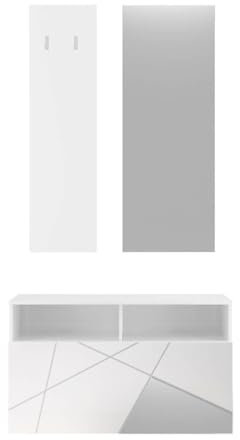 AltoBuy Oriana - Meuble à Chaussures + Miroir + portemanteau muraux Blanc Laqué et Miroirs