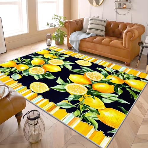 PaxGloz Zitronen Deko Küche - Teppiche Wohnzimmer Schlafzimmer Gelb Zitronen, Kleiner Teppich Zitronenmuster, Weich Kurzflor & Waschbar & rutschfest Fussmatte Innen, Kinderteppich 50x80 cm